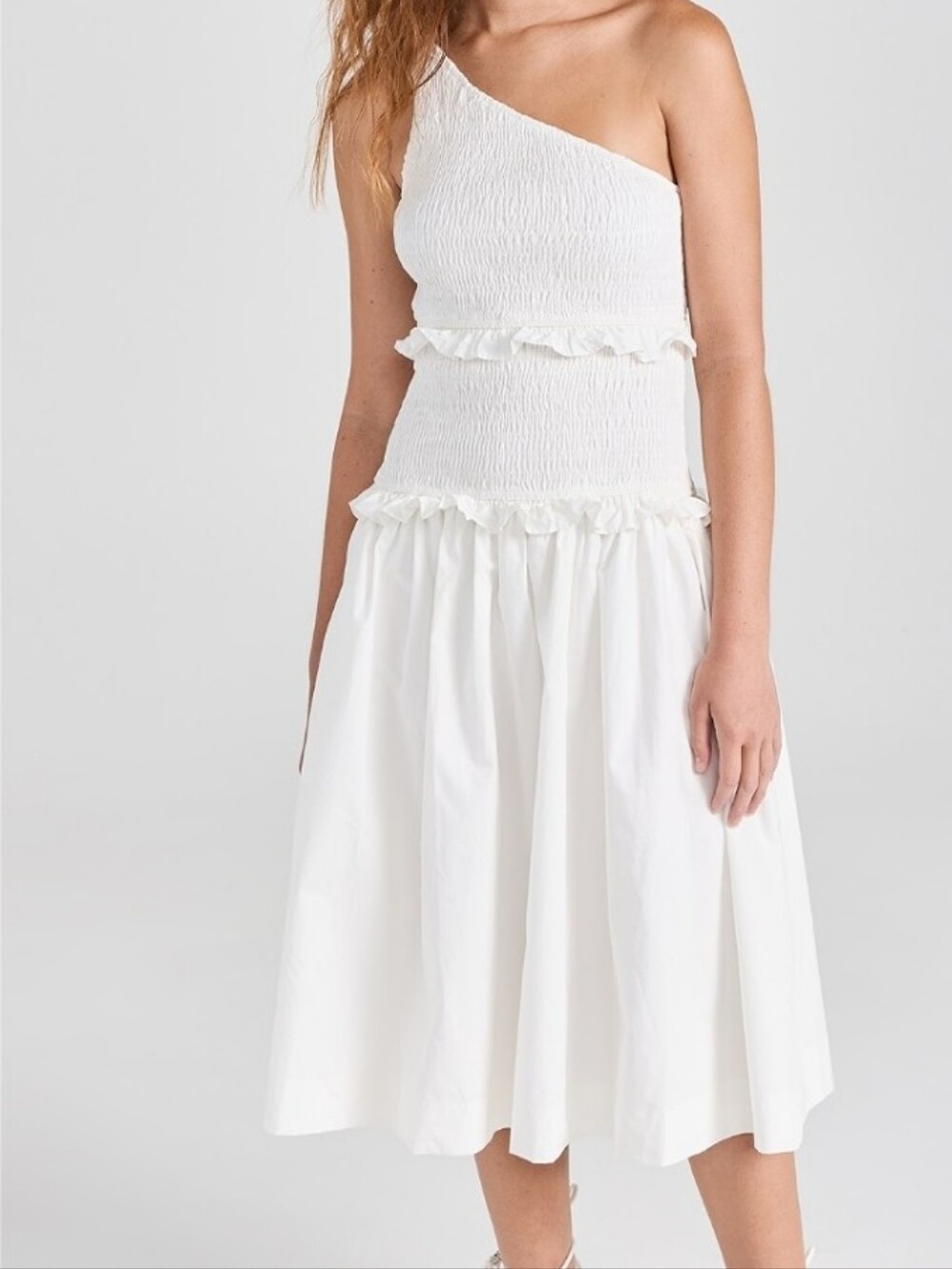 En Saison Aubin White Cotton One-Shoulder Ruffle Midi Dress Size L